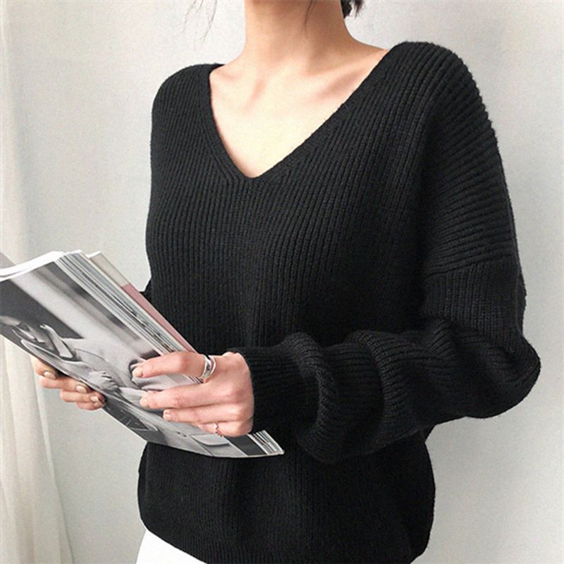 Abbigliamento donna 2024 autunno e inverno scollo a V manica lunga stile semplice orlo pullover maglione lavorato a maglia maglione inferiore tendenza femminile_voghion.com