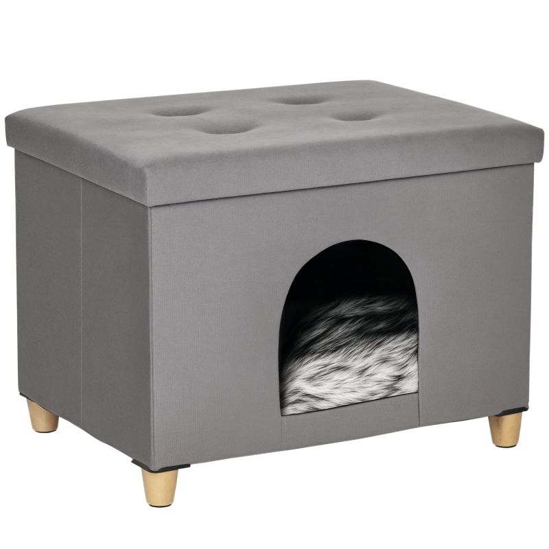 Fußhocker 2-IN-1 Katzenhöhle Con Baci, Holzbeine, Grigio 60x44,5cm_voghion.com
