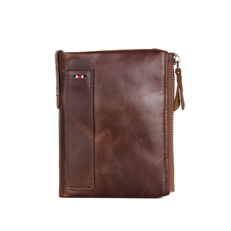 Crazy Horse Rindsleder Echtleder Kurze RFID Anti-Diebstahl Doppel-Reißverschluss Null Herren Brieftasche_voghion.com