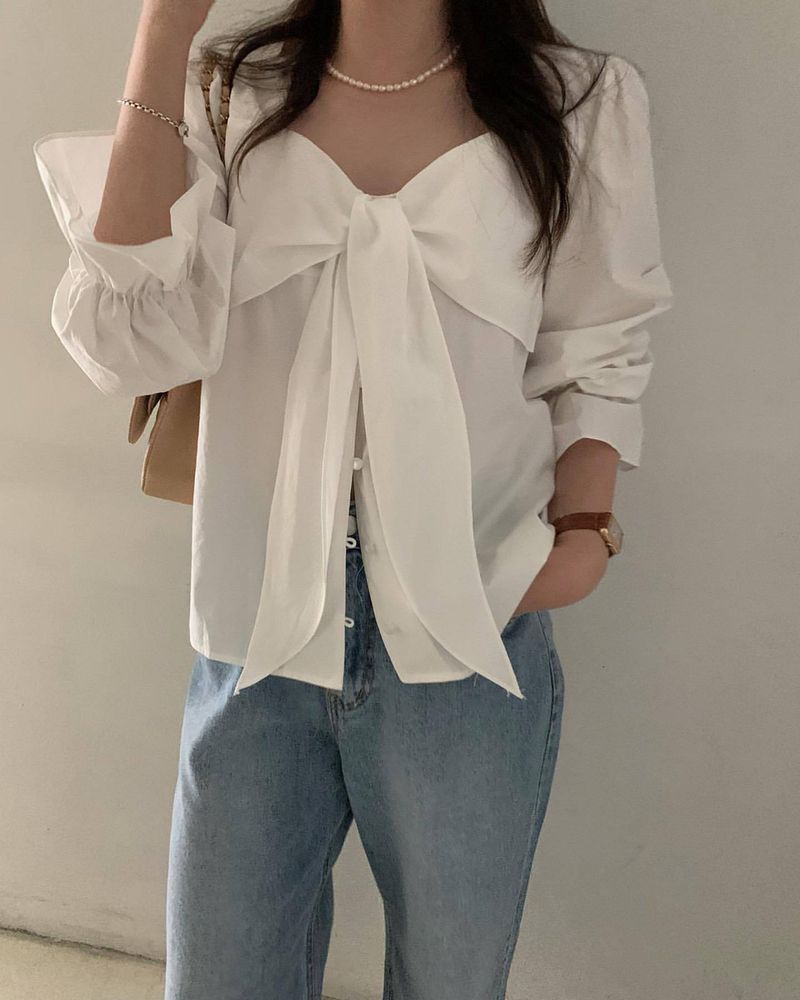 Corea del Sud 2024 Primavera Stile Francese Dolce Scollo Quadrato Grande Fiocco Paglia Look Largo Sottile Maglietta Manica a Tromba Top_voghion.com