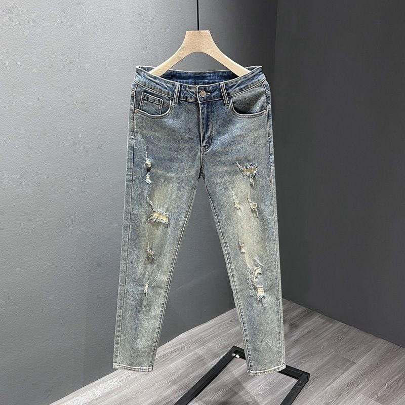 Men's Clothing Nine Point Jeans Men's Summer New Style Trend Slim Fit Small Feet Handsome Ripped Pants Trendy Brand Retro_voghion.com