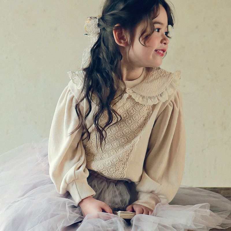 Herbst Kinder Mädchen Revers Spitze Saum lose kurze Hoodie_voghion.com