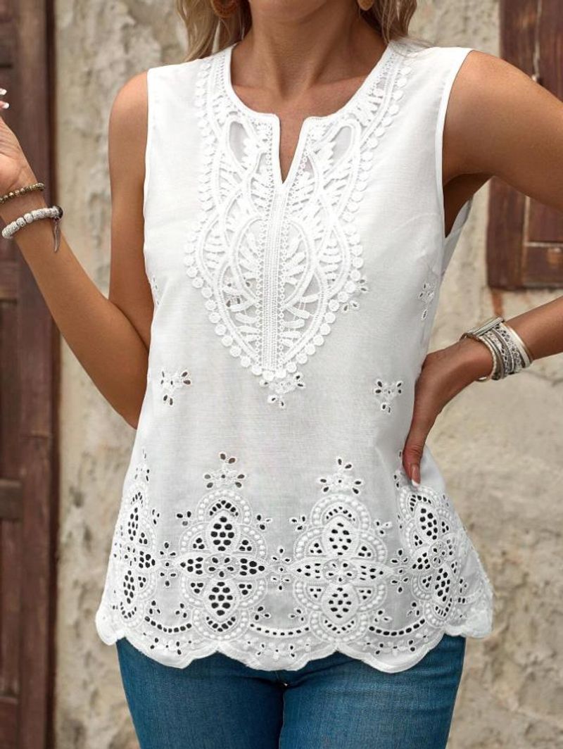 Vêtements pour femmes Broderie Couture Dentelle Dentelle Col en V Sans Manches Gilet Haut_voghion.com