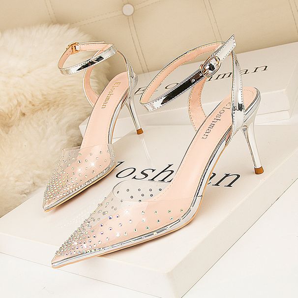 Dámské boty ve stylu jednoduchých špičatých mělkých úst s vysokými podpatky, průhledné kamínky s jedním páskem, sandály na jehlovém podpatku s dutými botami_voghion.com
