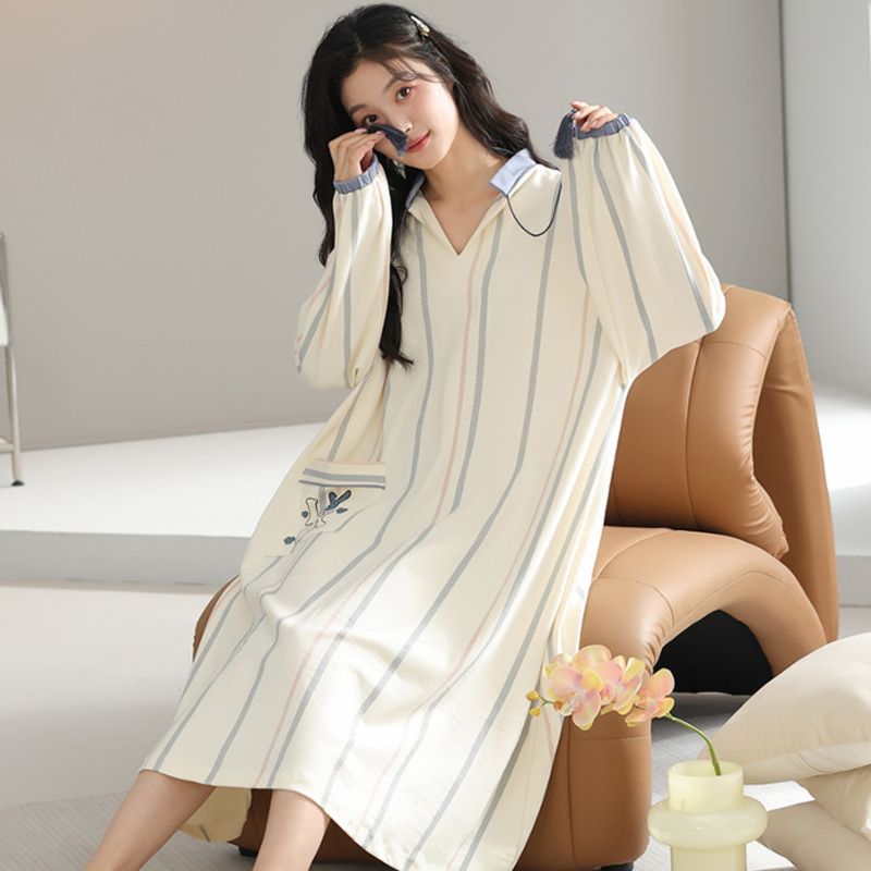 2024 internet celebrity autumn pure cotton long sleeved nightgown for women,  sweet cartoon V-neck home dress, casual and_voghion.com