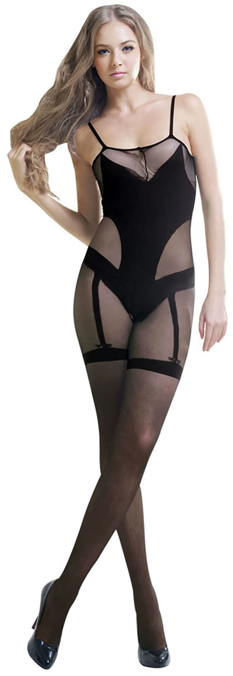 Blancho SE-140 Sexy Black Sheer Lace Cami Body Stocking - Black - Medium_voghion.com