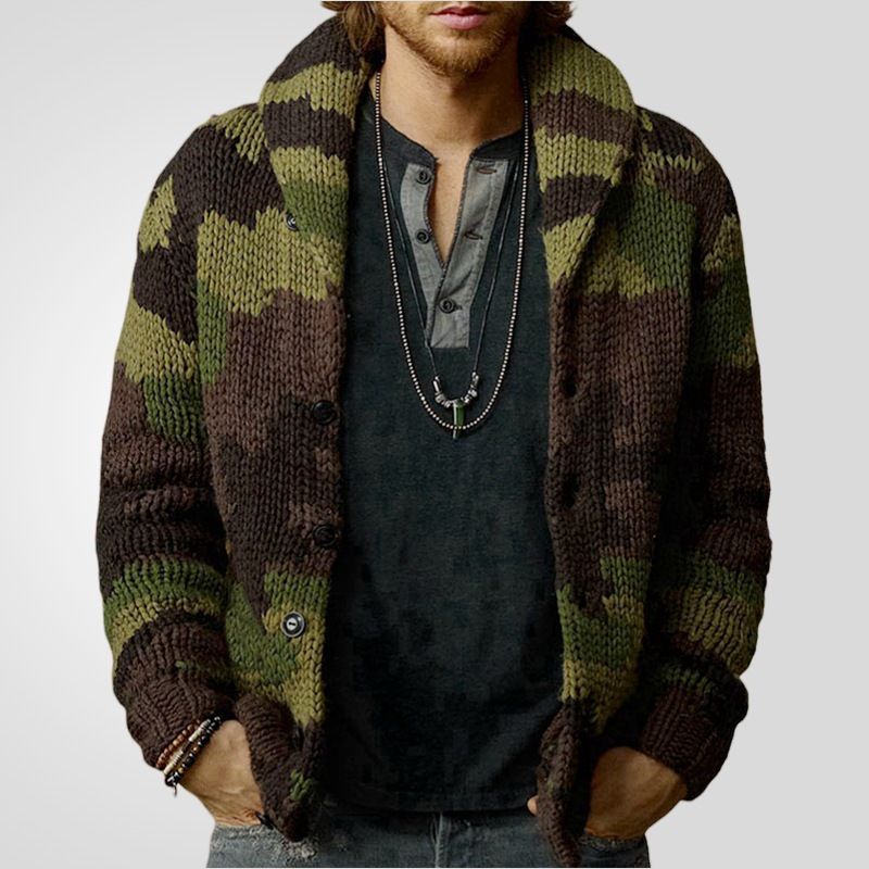 Herrenbekleidung Camouflage Jacquard Pullover Reverskragen Slim Fit Strickjacke_voghion.com