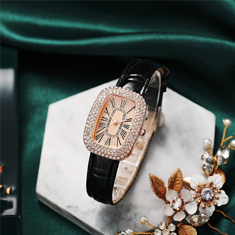 ​​Luxury Diamond-Cut Watch & 5-Piece Jewelry Set For Women - Elegant Quartz Leather Strap Wristwatch With Rhinestone Accessories​​_voghion.com