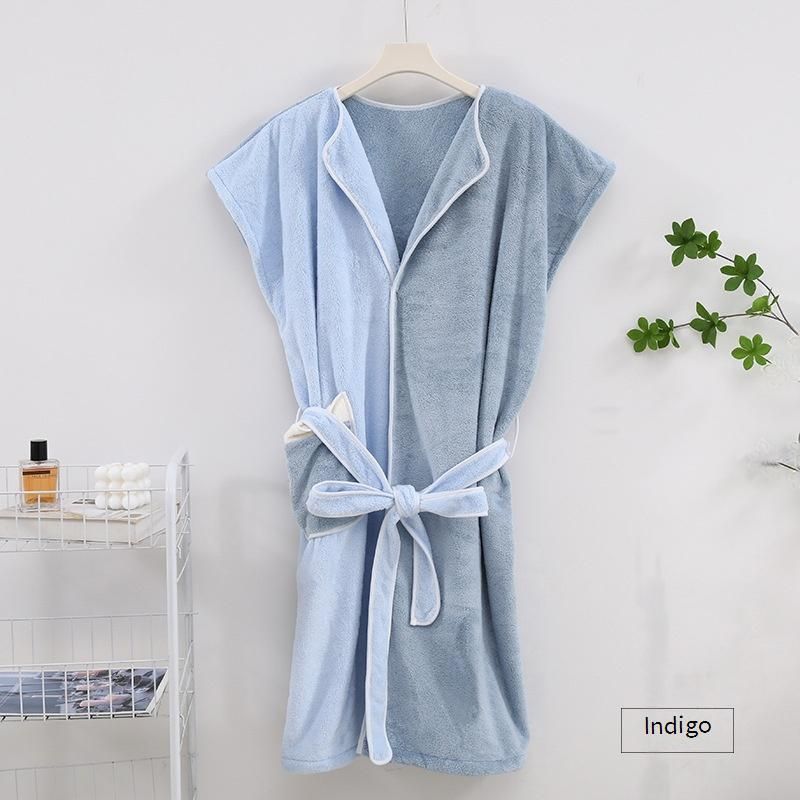 Home Textile Thin Contrast Color Micro Fleece Bathrobe Plush Long Spa Robe Absorbent Bathrobe_voghion.com