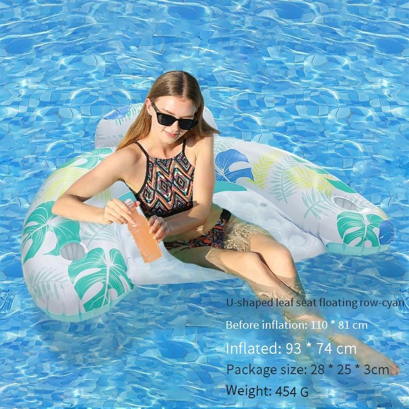 Leaf Print Inflatable Pool Seat - Thickened PVC U-Shaped Floating Lounger With Backrest & Cup Holder Single Person Water Hammock_voghion.com