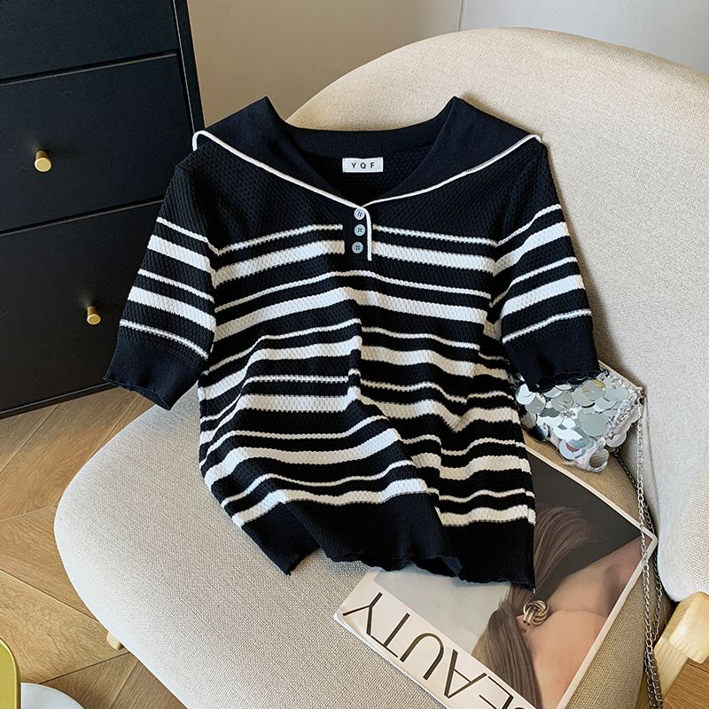 Maglione in seta ghiacciata da donna, nuovo design estivo, con risvolto e righe_voghion.com