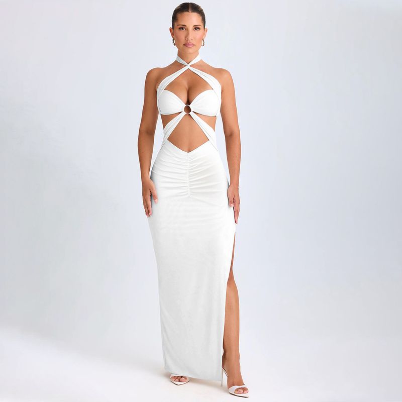 2024 New Neck Hanging Cross Tie Long Skirt, Summer Sexy Backless Hollow Pleated Wrap Skirt_voghion.com