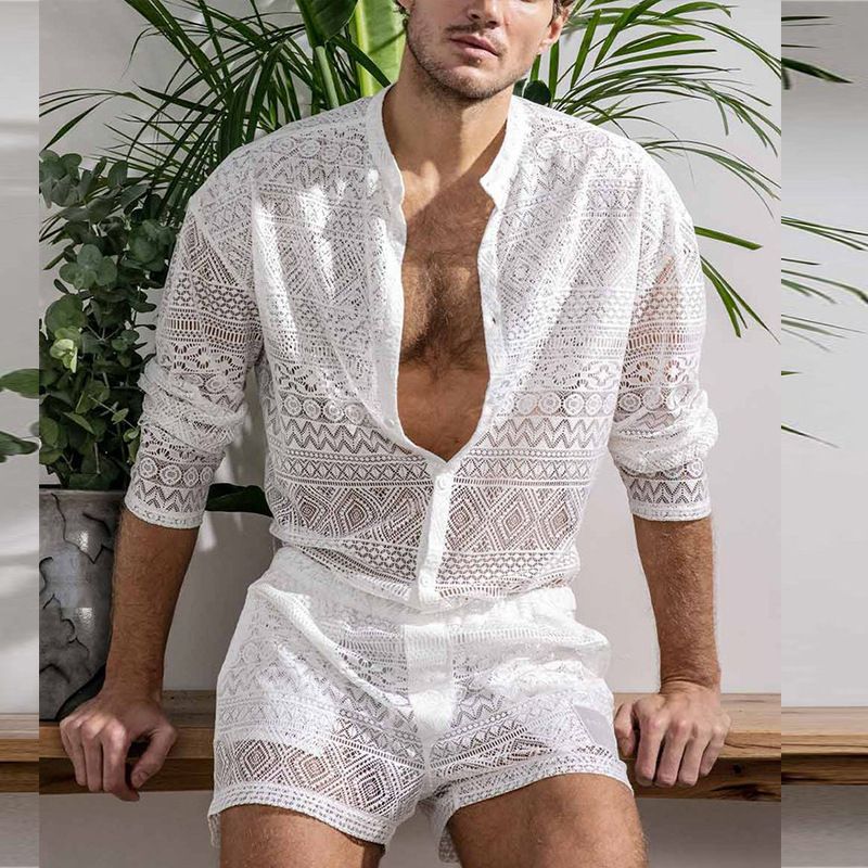 2024 Summer Men's Fashion Hollow Sexy Lace Long Sleeve Casual Shorts Two-Piece Set_voghion.com