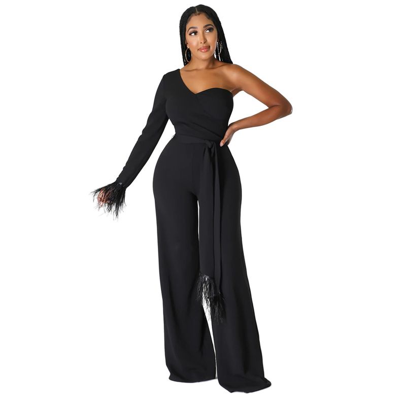 Naiste rõivapood, väliskaubandus, uus stiil, moodne ühe õlaga pikkade varrukatega lahtine ühevärviline jumpsuit naistele, sügis_voghion.com