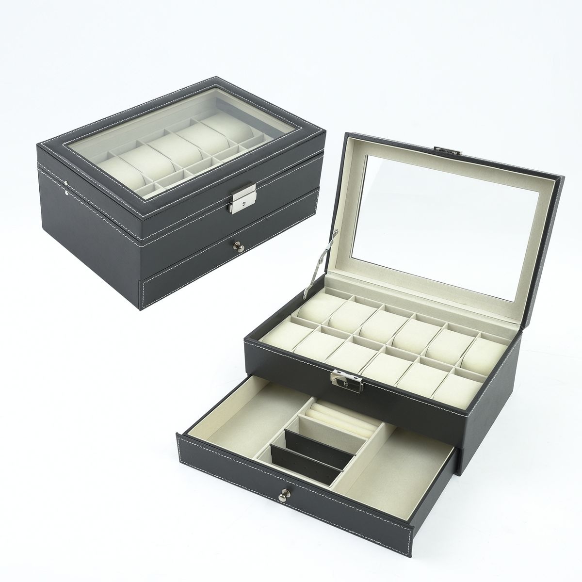 Goldbox-Verpackung, PU-Leder, doppellagig, 12 Fächer, Uhrenbox, Schmuckaufbewahrungsbox, hochwertige multifunktionale Schmuckschatulle_voghion.com