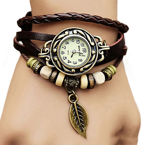 Yamaler Retro Multilayer Leaf Pendant Bead Braided Faux Leather Quartz Bracelet Watch_voghion.com
