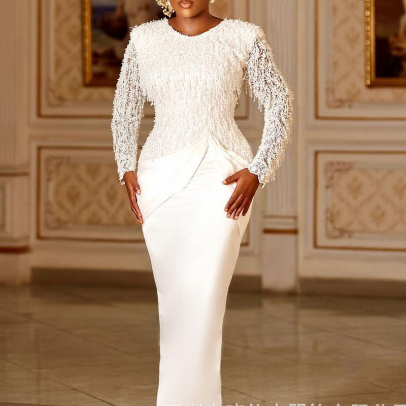 Women's Clothing temperament commuter lace tassel waist long sleeve floor length dress for women_voghion.com
