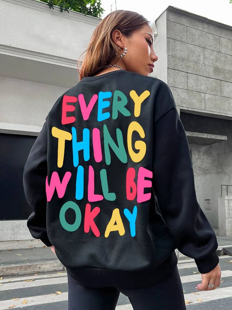 Stylish Ladies Sweatshirt Everything Will Be Fine Alphabet Print Pullover Loose Warm Crew Neck Hoodie Plus Size Women's Clothing_voghion.com