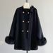 Elegant Audrey Cape Coat – Black Chenille Oversized Trench With Bow Belt (S/M/L/XL/2XL)_voghion.com