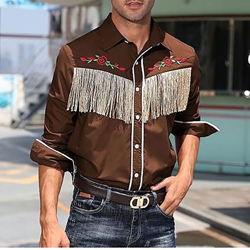 Herrenbekleidung Herren Western Cowboy Quaste Stickerei Hemd Langarm Casual Baumwolle Strickjacke_voghion.com