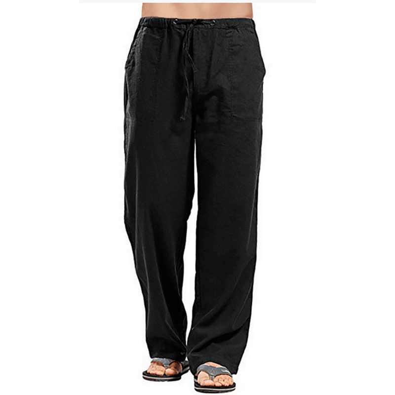 Pantalones de lino de algodón para hombre, pantalones de lino transpirables de Color sólido de verano, pantalones informales con cintura elástica para hombre_voghion.com