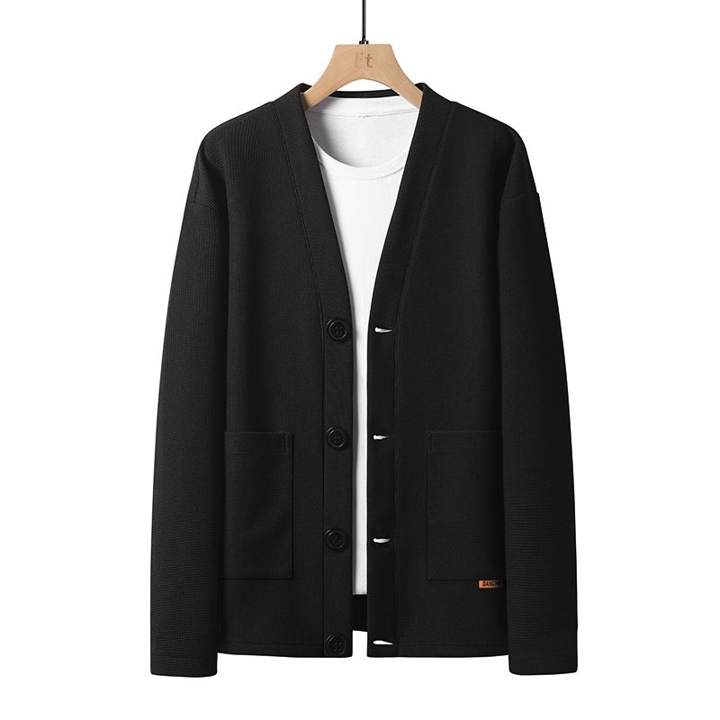 V-Neck Cardigan Sweater Men's Casual Pullover Hoodie With Patch Pockets, Waffle Knit, Loose Fit, College Style​_voghion.com