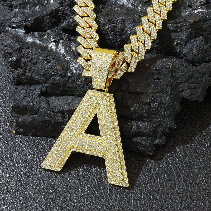 Diamond Studded Three-dimensional Letter A Pendant Diamond Cuban Necklace For Men's Dancing, Dance, Street Wear, Neck_voghion.com