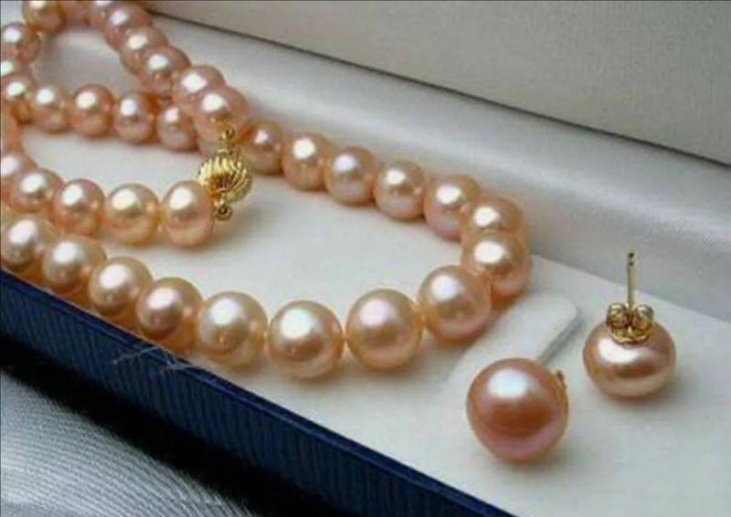 Collar de perlas cultivadas Akoya naturales genuinas de color rosa de 7 a 8 mm de tamaño AAA de 18 pulgadas + juego de aretes_voghion.com