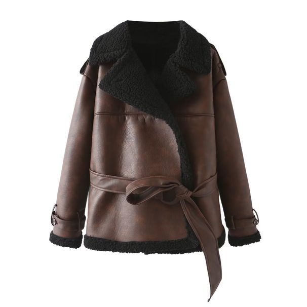 Cappotto in similpelle con cintura e collo in pelliccia sintetica - Capispalla invernale alla moda da strada per donna (marrone, XS/S/M/L)_voghion.com