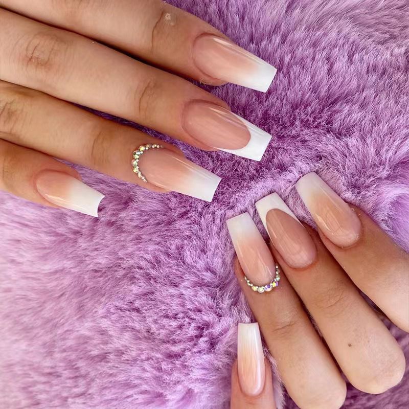 24Pcs False Detachable Nails Simple Square Head Press On Nails Wearable French Glitter Fake Nails Coffin Full_voghion.com