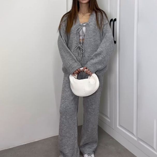 Women's Casual Elegant Outfit Set - V-Neck Knit Cardigan & High-Waisted Wide-Leg Pants (7 Colors, Plus Size Friendly)_voghion.com