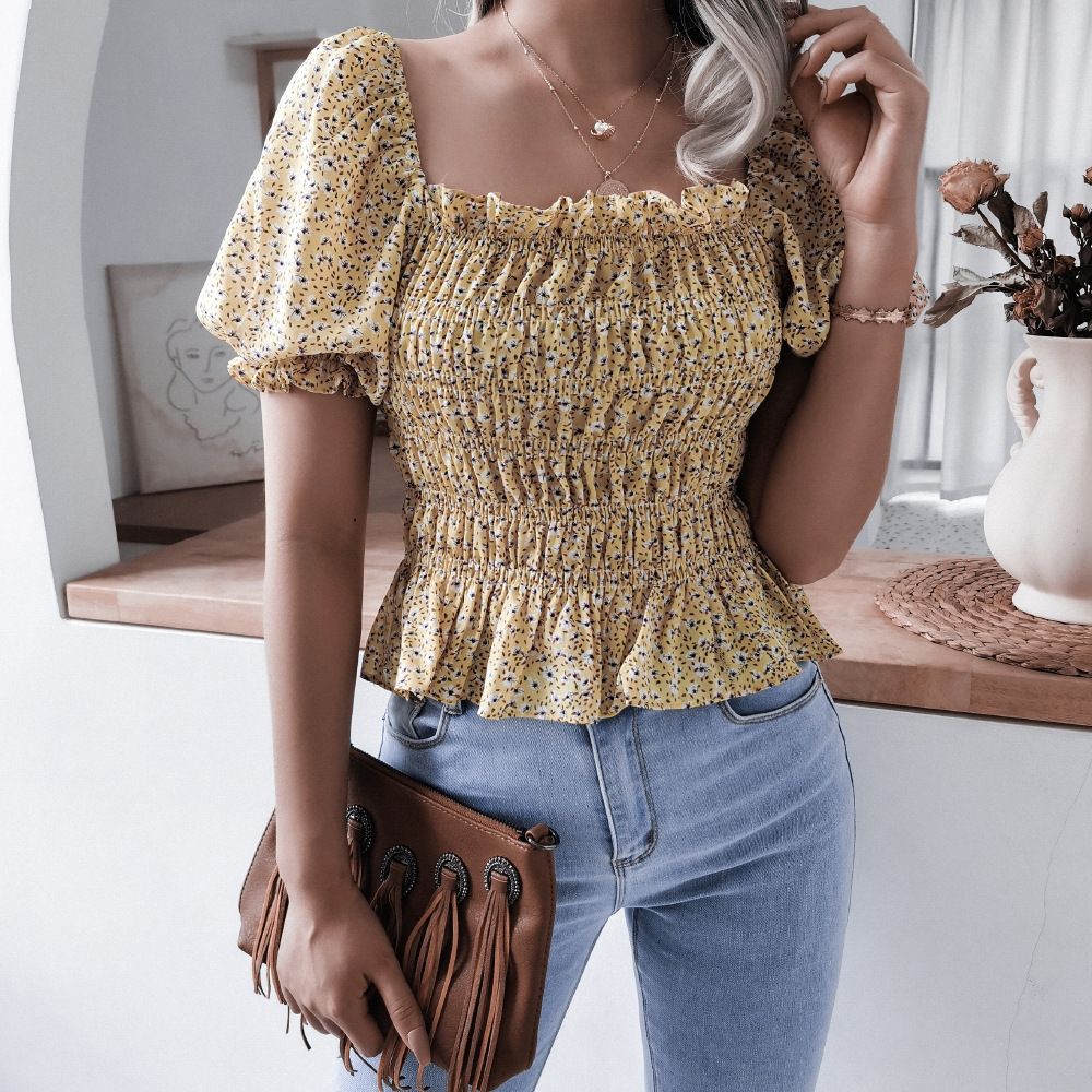 Sommer-Chiffonbluse mit quadratischem Ausschnitt und Laternenärmeln, Rüschen und Blumenmuster, Damenbekleidung_voghion.com