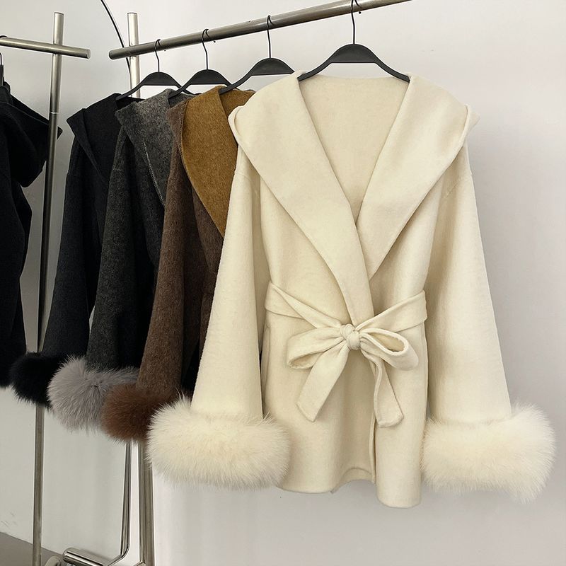 Elegant Oversized Fox Fur Collar Double-Faced Wool Coat For Women - Warm Winter Outerwear With Hood, Loose Fit, Mid-Length_voghion.com