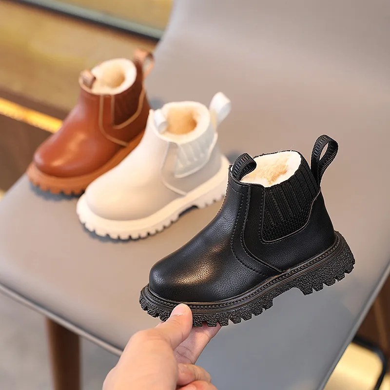 Winter New Children's British Style Simple Cotton Boots Boys Plus Velvet Warm Martin Boots Girls Side Zipper Fashion Boots_voghion.com