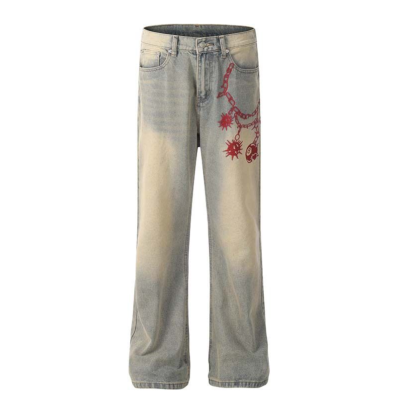 [StreetAlchemy] Herren Distressed Denim - Chain Print Washed Jeans | Hip Hop Hose mit weitem Bein_voghion.com