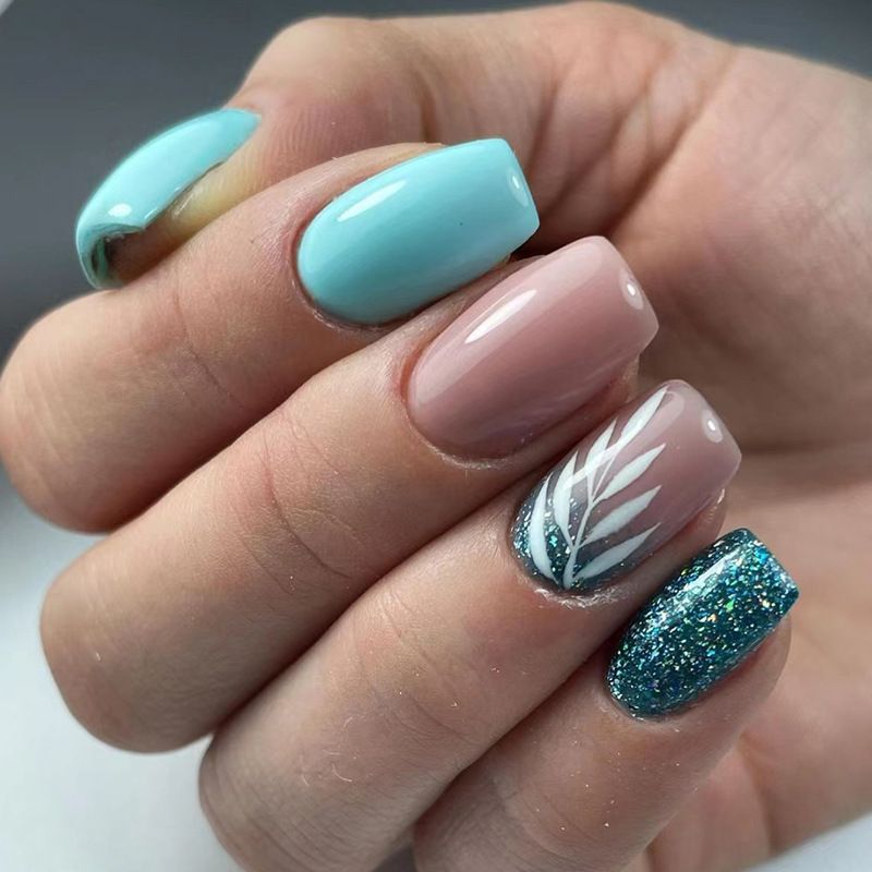 24Pcs Square Mid-Length Head False Nails Wearable French Fake Nails Simple Glitter Press On Nails Full Cover N_voghion.com