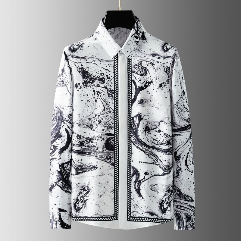 Men's Clothing High end brand ink ripple positioning digital printing men's long sleeved shirt free of ironing vertical wrinkle free shirt_voghion.com