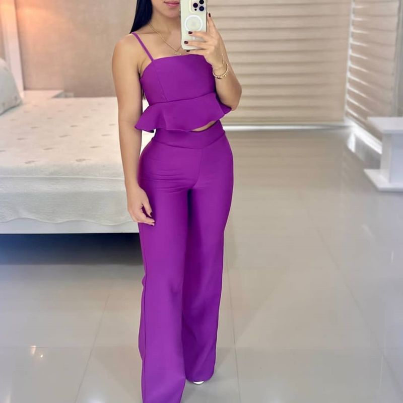 Frauen 2023 neue Bandeau-Hosenträger mit Rüschensaum und hoher Taille, gerade Hose, modischer Freizeitanzug_voghion.com