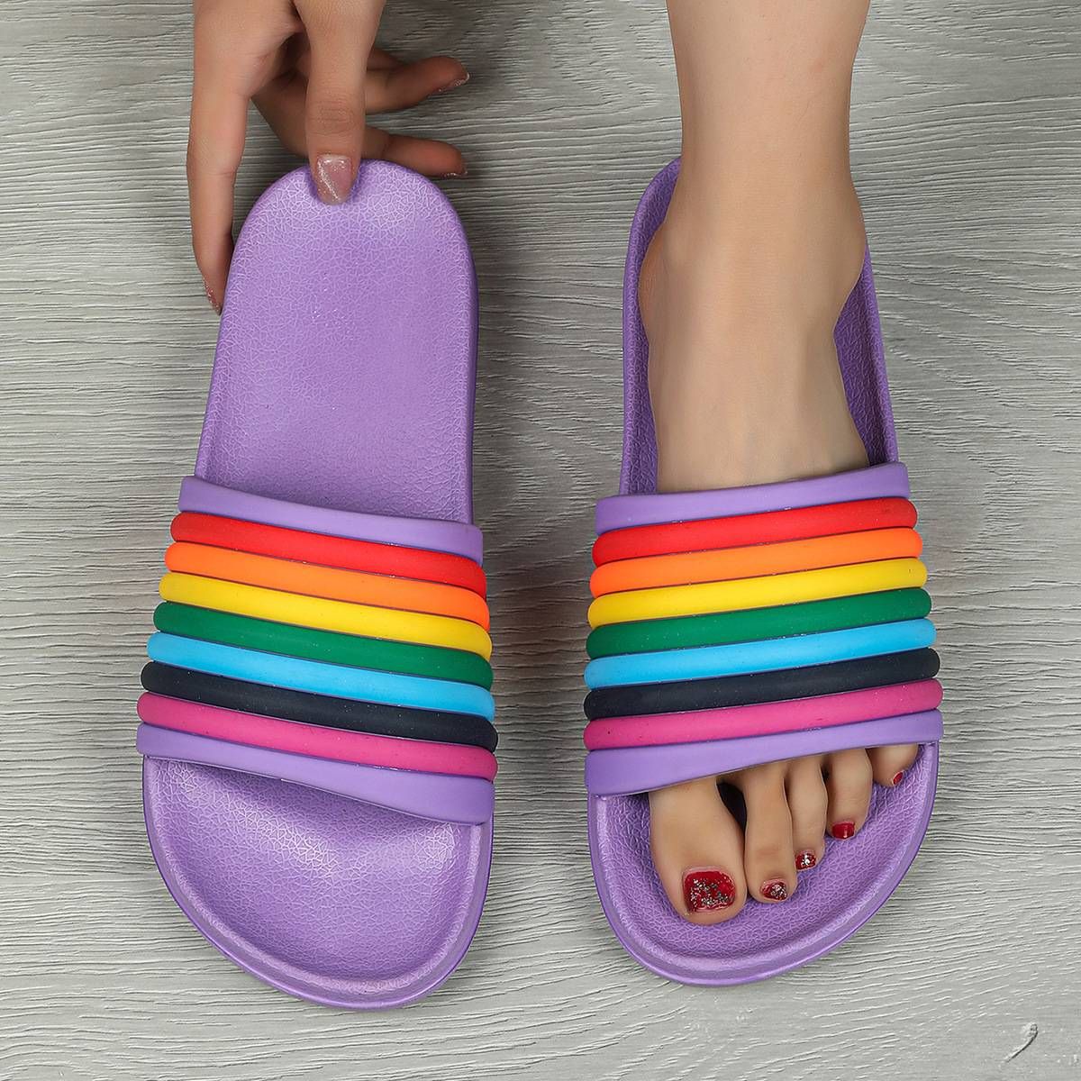 Sandali arcobaleno da donna, pantofole da casa con suola spessa da indossare all'esterno, sandali monoblocco_voghion.com