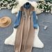 Elegant Boho Floral Embroidered Denim Knit Dress - Oversized A-Line Tunic With High Waist & Long Sleeves For Women_voghion.com