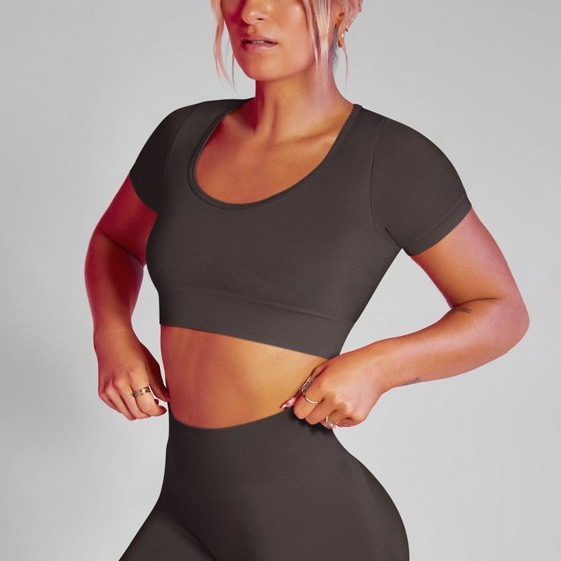 Îmbrăcăminte de yoga pentru femei, fără cusături, culoare solidă, cu guler jos, mâneci scurte, elastice, pentru alergare_voghion.com