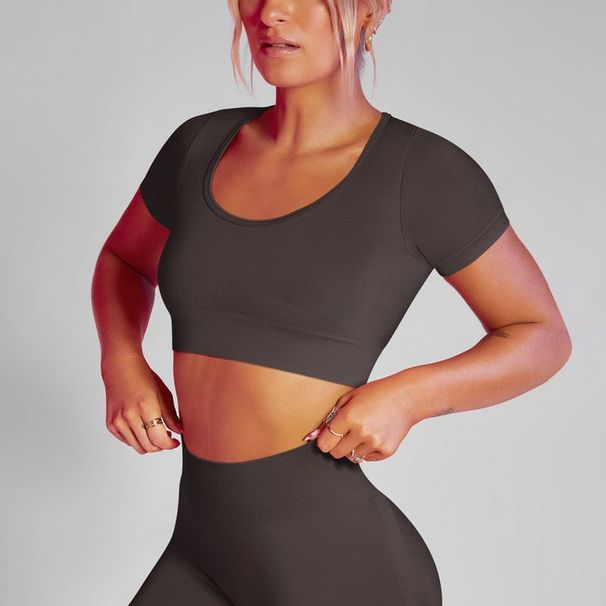 Îmbrăcăminte de yoga pentru femei, fără cusături, culoare solidă, cu guler jos, mâneci scurte, elastice, pentru alergare_voghion.com