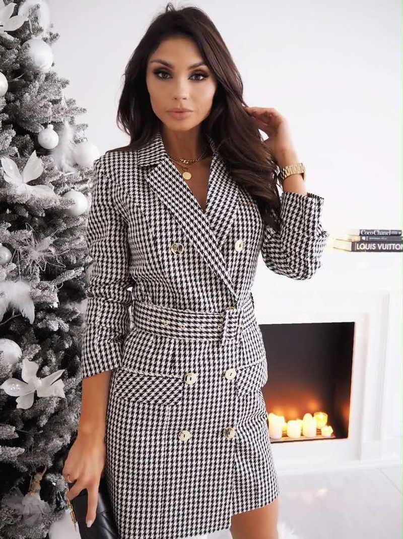 Damen-Herbst- und Wintermode, langärmeliger, bunter Anzugmantel mit Gürtel._voghion.com
