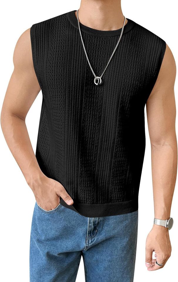 Men's Clothing Summer Men's New Solid Color Hollow Breathable Round Neck Casual Vest Sweater Men's Sleeveless Tops Men's Clothing_voghion.com