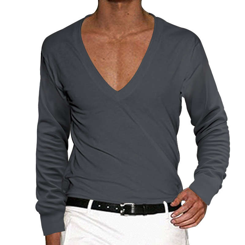 T-shirt casual sottile a maniche lunghe con scollo a V tinta unita da uomo, primavera e autunno_voghion.com
