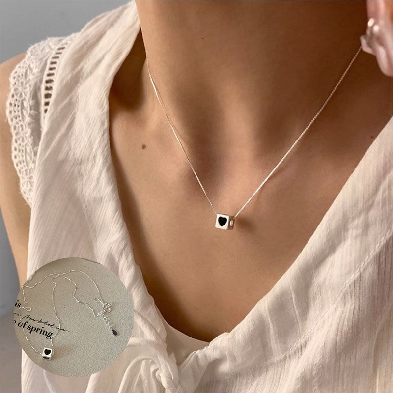 Sterling VENUS Silber Quadratische Liebes-Herz-Halskette für Frauen, tropfenweise Glasur-Design, einfacher koreanischer Schmuck, Geschenk_voghion.com