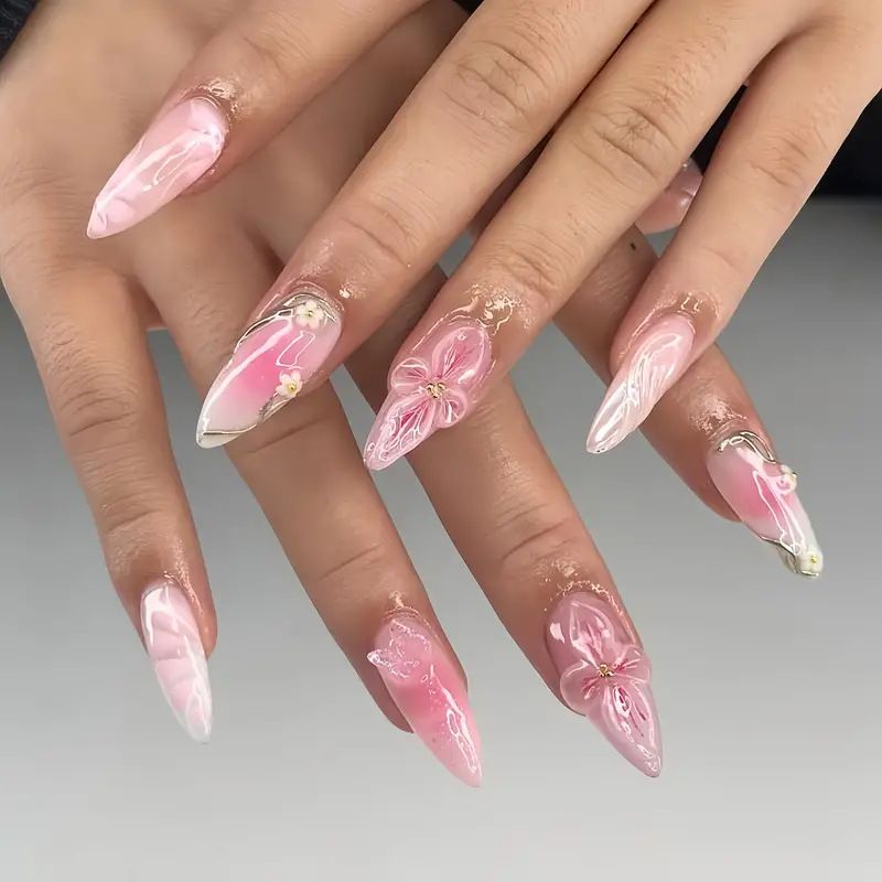 3D Three Dimensional Dripping Glue Flower Gradient Pearl Wear Nail Stripes Almond Shaped Short Style False Nails_voghion.com
