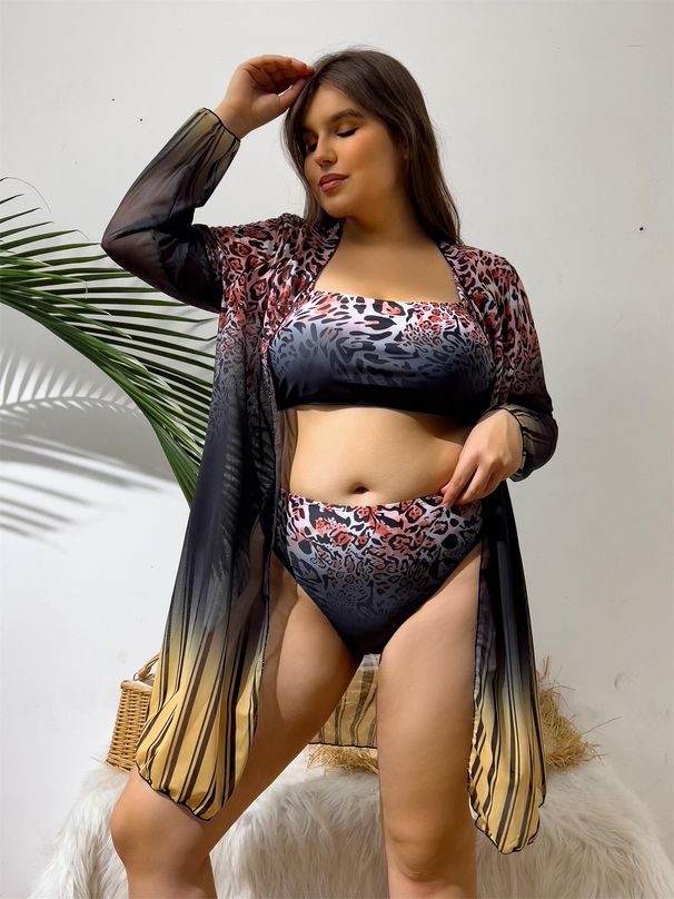 Large size long sleeved draped with sexy bikini swimsuit loose and comfortable three piece swimsuit_voghion.com