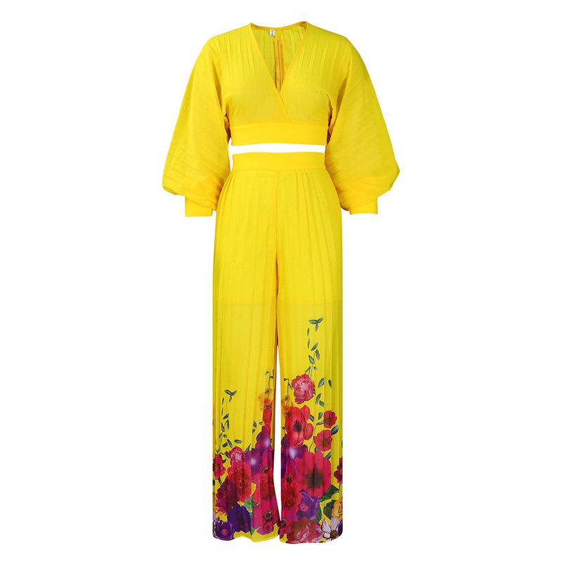 Women's Clothing Spring New Fashion Temperament Chiffon V Neck Pleated Top Printed Wide Leg Pants_voghion.com