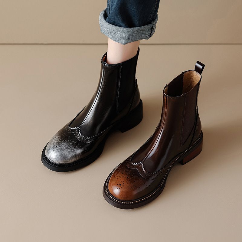 Nuovo stile in pelle di vacchetta lavata a colori per donna, punta tonda, stivali western brogue, slip-on, tacco quadrato, foderati in pile_voghion.com